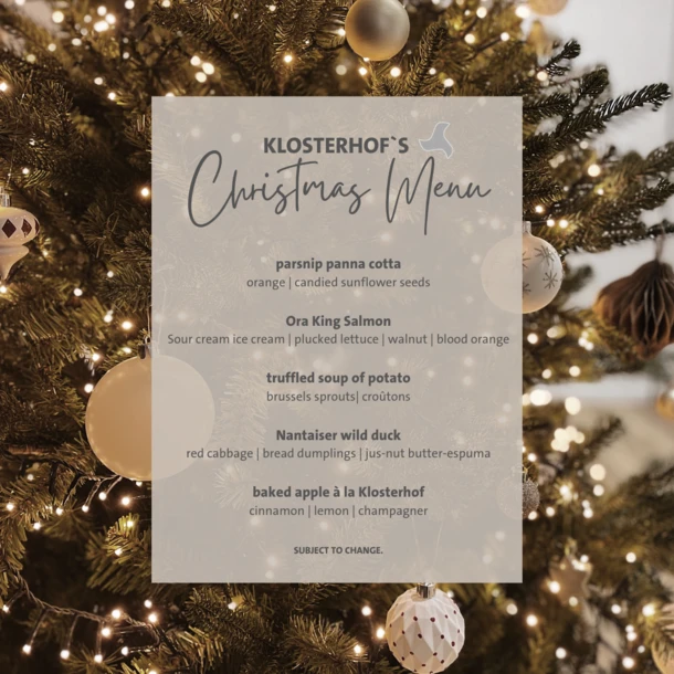 Christmas menu with parsnip panna cotta, Ora King Salmon, truffled potato soup, Nantaiser wild duck, and baked apple at Hotel Klosterhof.