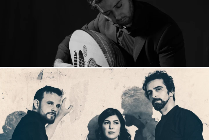 Musician playing an oud; below, a portrait of three individuals against a textured wall.