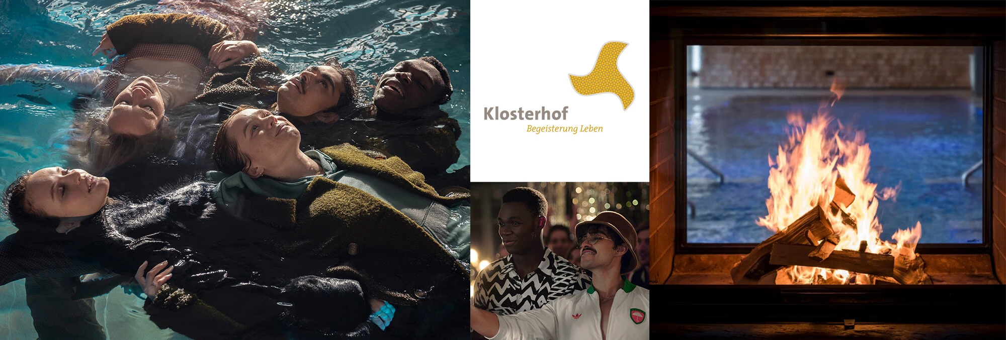 Fünf Personen schwimmen entspannt im Wasser, umgeben von sanften Wellen. Ein Moment der Ruhe im Wellnesshotel Klosterhof.