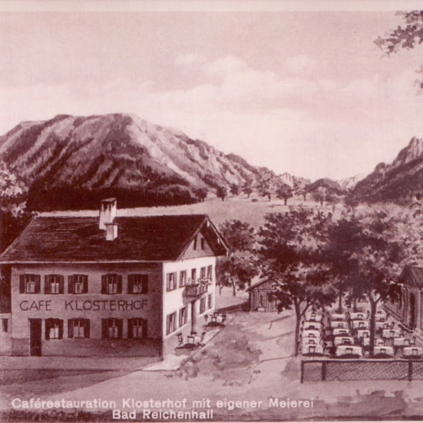 Historic illustration of Café Klosterhof in Bad Reichenhall, surrounded by trees and mountains.