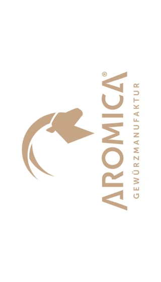 Logo von Aromica, einer Gewürzmanufaktur, mit stilisiertem Gewürzstreuer und elegantem Schriftzug.