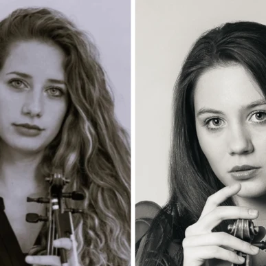 Zwei Frauen mit Geigen posieren für Porträtfotos.