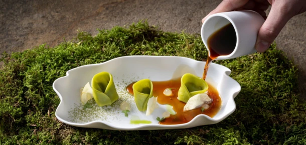 Gourmet dish with green pasta and sauce served on a moss-covered table at Hotel Klosterhof.