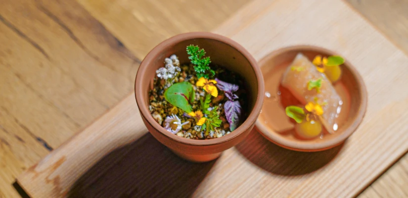 Zwei kleine Tontöpfe mit essbaren Pflanzen und Blumen auf einem Holzbrett, serviert in einem modernen Restaurant.