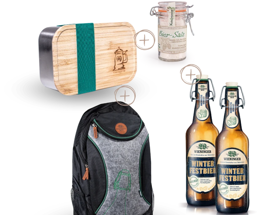Bambus Lunchbox, Bier-Salz, Rucksack und zwei Flaschen Wieninger Winterfestbier in einem ansprechenden Arrangement.