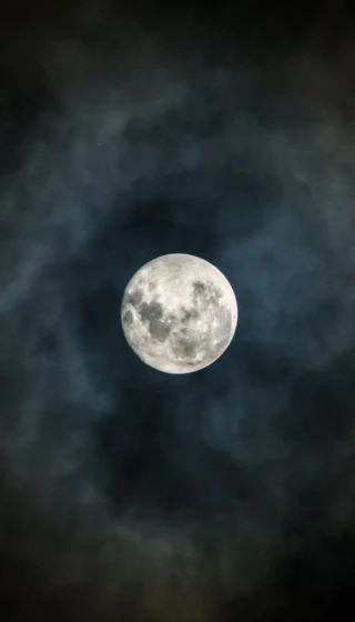Der Mond leuchtet hell durch einen mystischen Wolkenring über Bayerisch Gmain.
