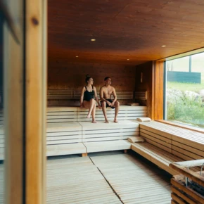 Ein Paar sitzt entspannt in einer modernen Sauna mit Holzverkleidung und großen Fenstern, die einen Blick ins Grüne bieten.