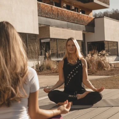 Zwei Frauen machen Yoga auf einer Terrasse vor einem modernen Gebäude des Hotel Klosterhof.