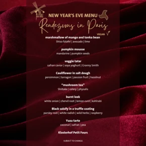 New Year's Eve vegan menu at Hotel Klosterhof featuring dishes like marshmallow of mango and tonka bean, pumpkin mousse, veggie tatar, and Yuzu tarte.