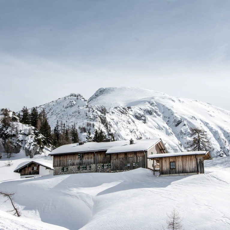 Ein traditionelles Holzhaus im Schnee, umgeben von hohen Bergen und Bäumen, bietet eine malerische Winterlandschaft.