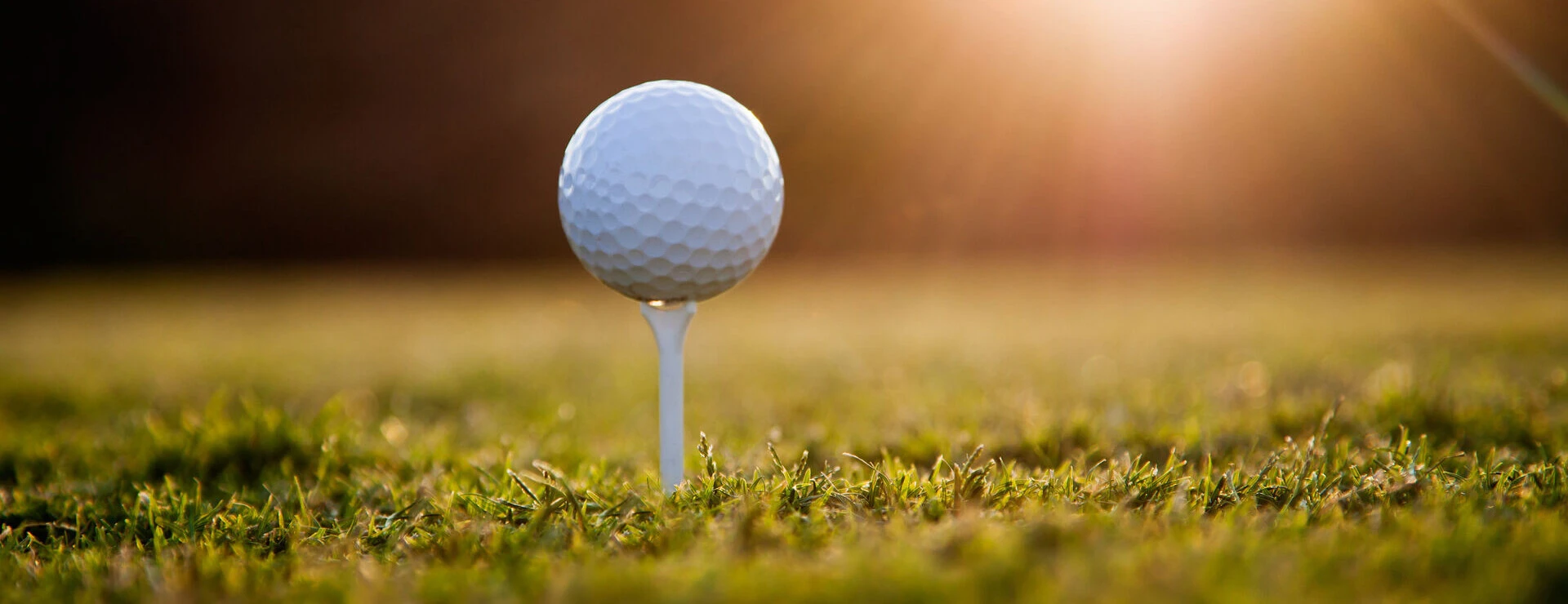 A golf ball on a tee, illuminated by warm sunlight on a grassy course.