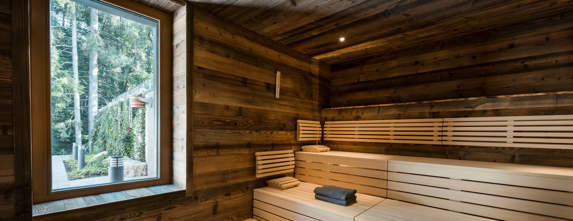 Modern wooden sauna with a window view of lush greenery outside.
