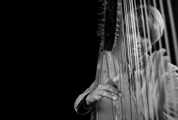 Eine Musikerin spielt Harfe vor schwarzem Hintergrund, ihre Hand berührt die Saiten des Instruments.