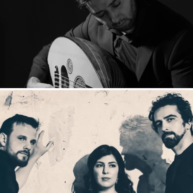 Ein Musiker spielt Oud; darunter ein Trio vor einer abstrakten Wand.