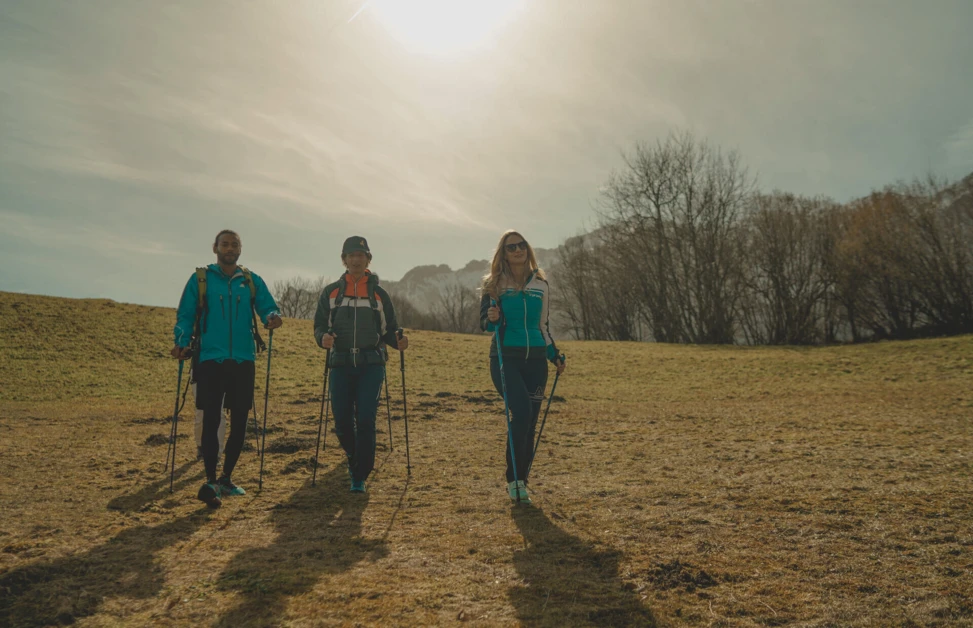 Three people hiking with poles on a sunny day, enjoying the outdoors at Klosterhof.