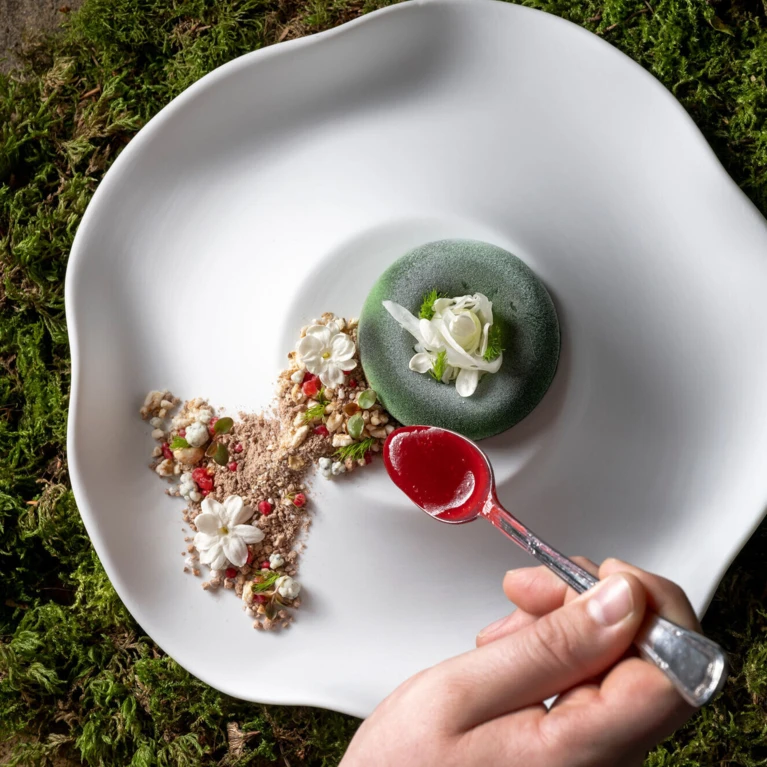 Ein kunstvoll angerichteter Dessertteller mit blühenden Garnierungen und einer Hand, die eine rote Sauce hinzufügt, auf einem natürlichen Untergrund.