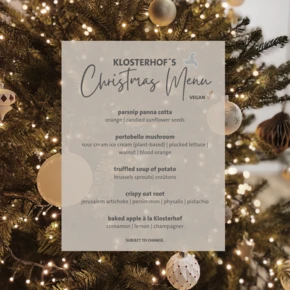 Klosterhof's Christmas menu featuring vegan dishes like parsnip panna cotta, portobello mushroom, truffled potato soup, crispy oat root, and baked apple.