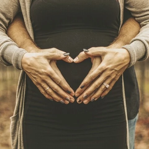 Hände formen ein Herz über einem schwangeren Bauch, umgeben von einer malerischen Weinlandschaft.