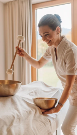 A woman at Wellnesshotel Klosterhof using sound therapy bowls in a serene room.
