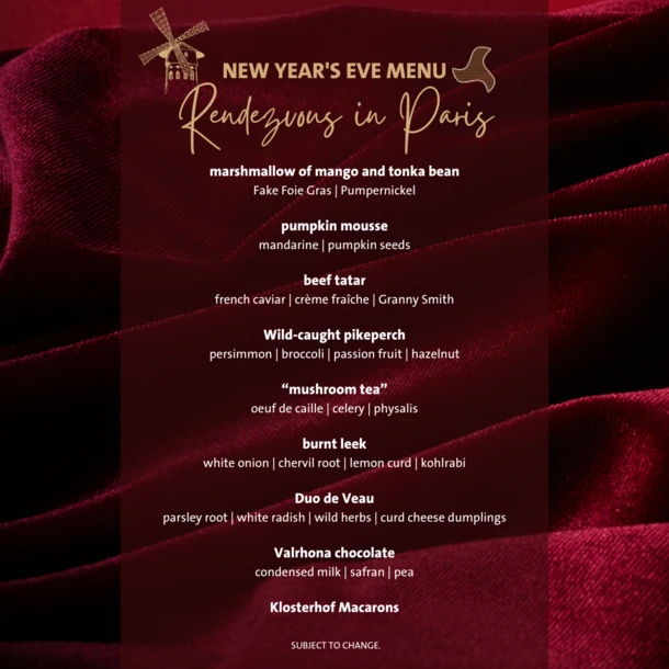 New Year's Eve menu titled "Rendezvous in Paris" with gourmet courses including beef tartar, pumpkin mousse, and Valrhona chocolate at Hotel Klosterhof.