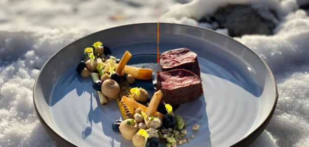Gourmetgericht im Wellnesshotel Klosterhof, Bayerisch Gmain, präsentiert auf einem Teller im Schnee, mit Gemüse und Fleisch.