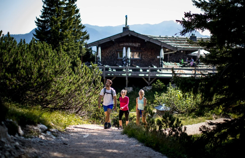 Wanderer auf einem Pfad mit einer Berghütte im Hintergrund, umgeben von Bäumen und Alpenlandschaft.