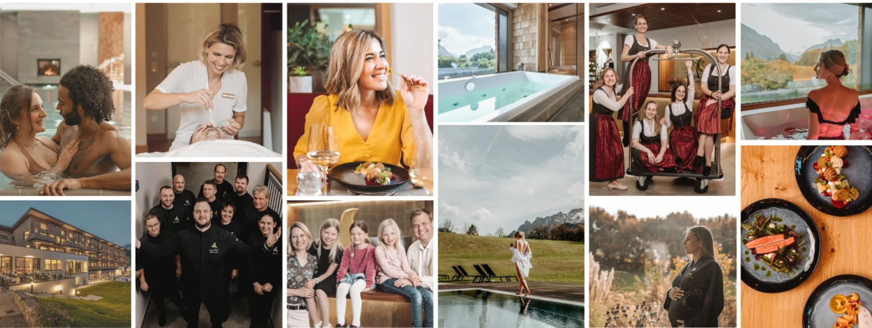 Collage showcasing Wellnesshotel Klosterhof in Bayern: spa, dining, scenic views, family, and staff in traditional attire.
