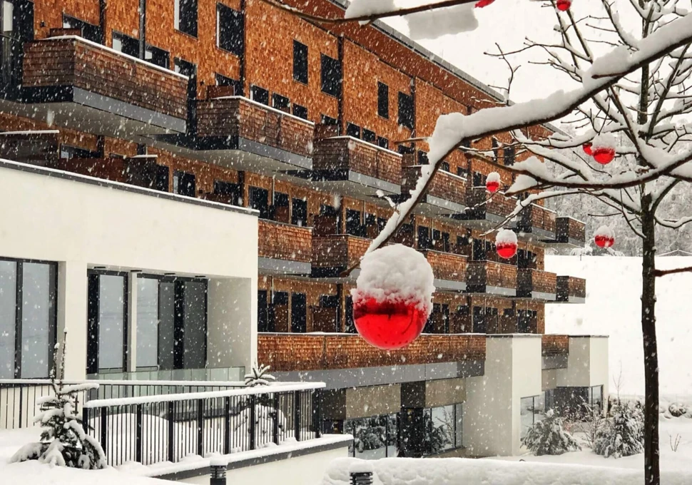 Schneebedeckte Baumkugeln vor einem modernen Gebäude im Winter.