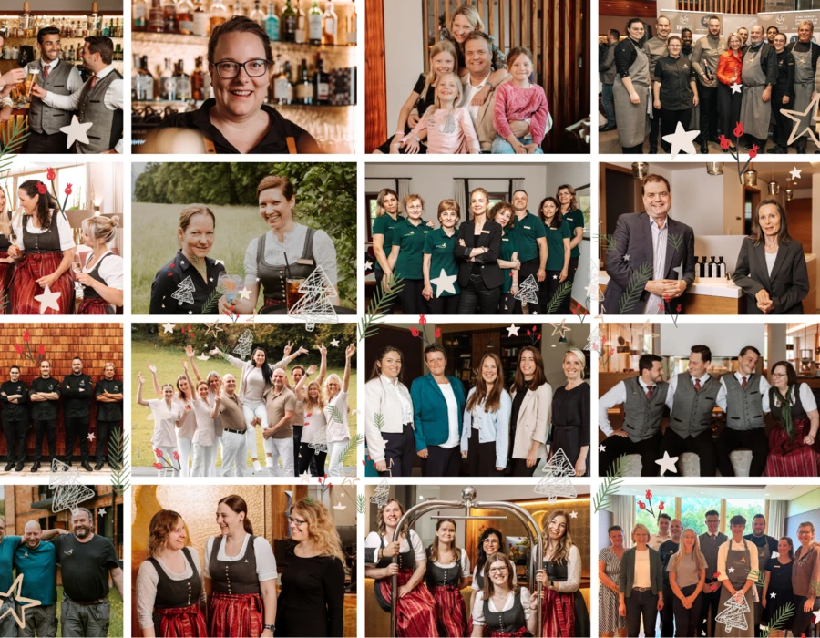 Mitarbeiter des Klosterhofs lächeln in verschiedenen Gruppenbildern, festlich geschmückt mit Sternen und Tannenzweigen.