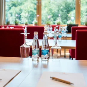 Conference room with water bottles, glasses, and notepads on tables, overlooking a scenic mountain view through large windows.
