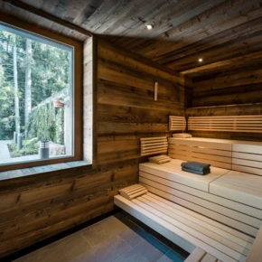 Modern wooden sauna with a window view of lush greenery outside.