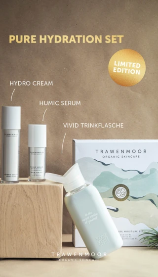 Trawenmoor Pure Hydration Set mit Hydro Cream, Humic Serum und Vivid Trinkflasche. Limitierte Edition.