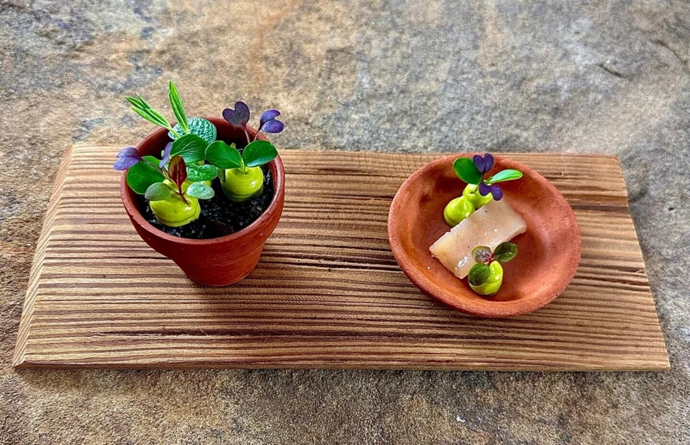 Miniature plant and food arrangement on a wooden board, featuring a small clay pot with green shoots and a dish with garnish on a textured surface.